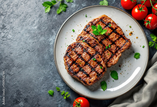 Top view a grilled steak slices with fresh tomatoes on a plate