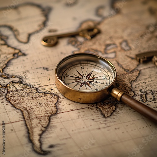 A detailed close-up of a vintage world map laid out on an old wooden table. Surrounding elements include a compass, magnifying glass, and antique keys. Warm sepia tones create a nostalgic atmosphere.