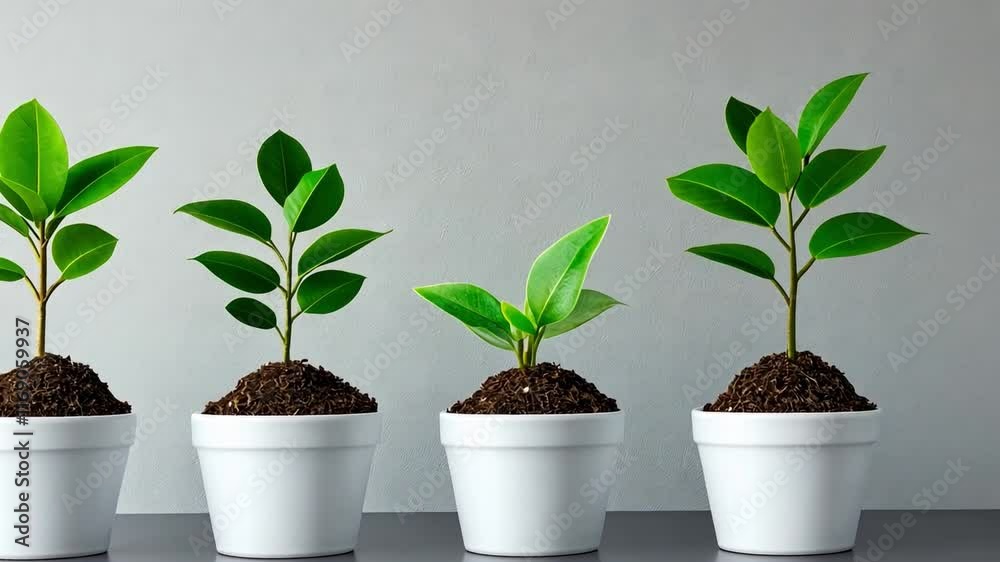 Four pots with thriving plants illustrating growth in sustainable finance Four pots with thriving plants illustrating growth in sustainable finance