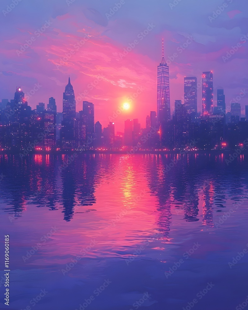 Naklejka premium Glowing Neon Skyline Reflected in Peaceful River at Sunset