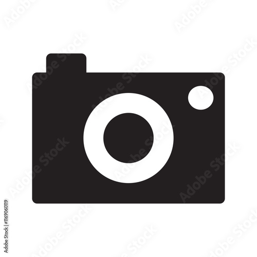 Camera icon with lens, body, and flash, representing photography.