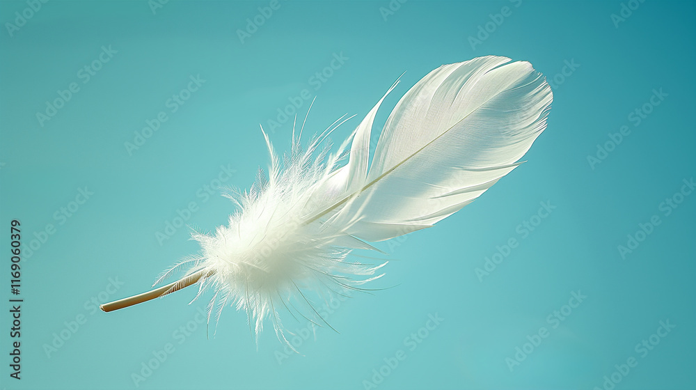 Naklejka premium Delicate white feather gracefully floats in blue sky, soft concept background. Generative AI