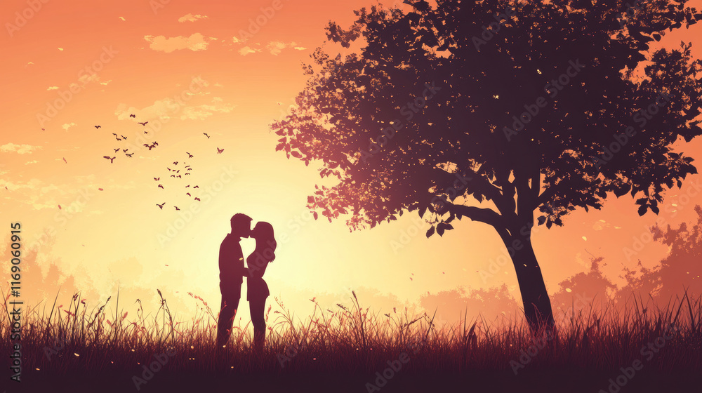 Silhouette of couple embracing at sunset, surrounded by nature and birds. romantic scene with tree in background, evoking love and tranquility Silhouette of couple embracing at sunset, surrounded by nature and birds. romantic scene with tree in background, evoking love and tranquility