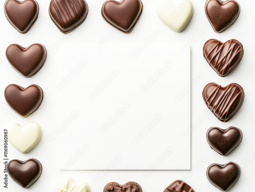 A collection of heart-shaped chocolates arranged around a blank space, perfect for expressing love or sweetness. A collection of heart-shaped chocolates arranged around a blank space, perfect for expressing love or sweetness.
