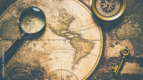 A detailed close-up of a vintage world map laid out on an old wooden table. Surrounding elements include a compass, magnifying glass, and antique keys. Warm sepia tones create a nostalgic atmosphere.