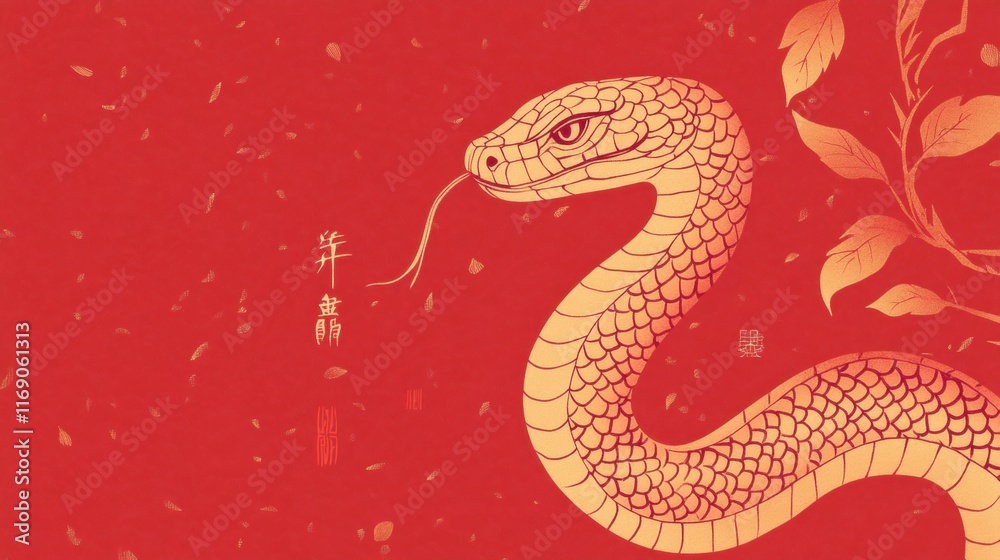 Fototapeta premium Minimalist Red and Gold Snake Illustration