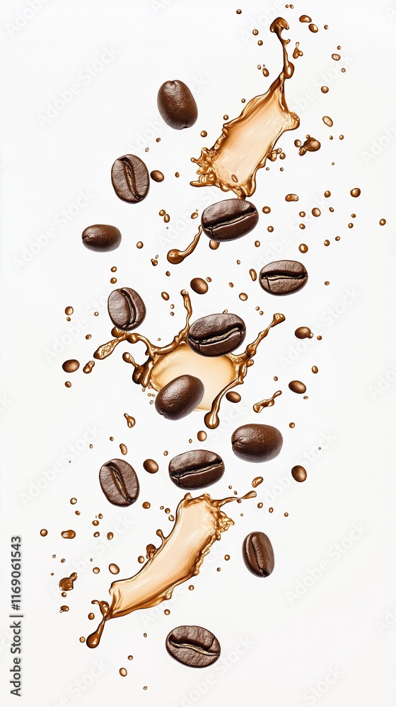 Obraz premium Coffee beans swirl into a playful smiley face with splashes of espresso in vibrant brown hues
