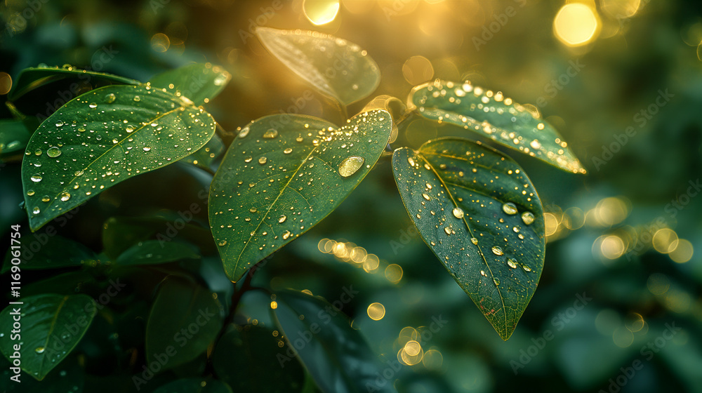 Close-up of rain droplets on exotic leaf with golden sunlight in lush garden. Generative AI Close-up of rain droplets on exotic leaf with golden sunlight in lush garden. Generative AI