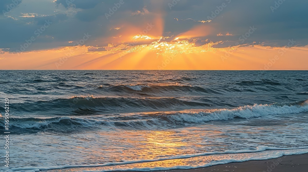 Fototapeta premium A serene sea at sunrise, with a colorful sky and glowing sunset. A peaceful beach landscape meets the horizon during quiet dusk and warm summer.