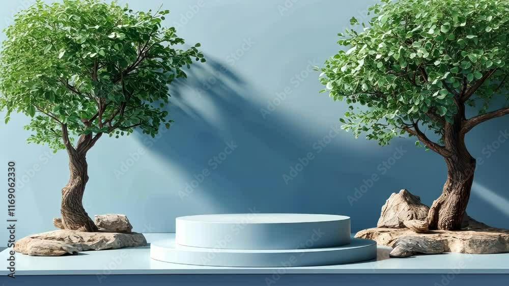 A serene studio setting showcasing two trees framing a simplistic podium against a blue backdrop, emphasizing artistry and tranquility