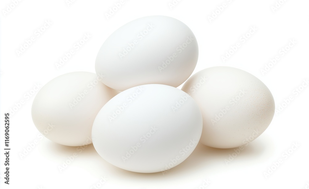 Fresh white eggs stacked on a clean surface ready for cooking or baking Fresh white eggs stacked on a clean surface ready for cooking or baking