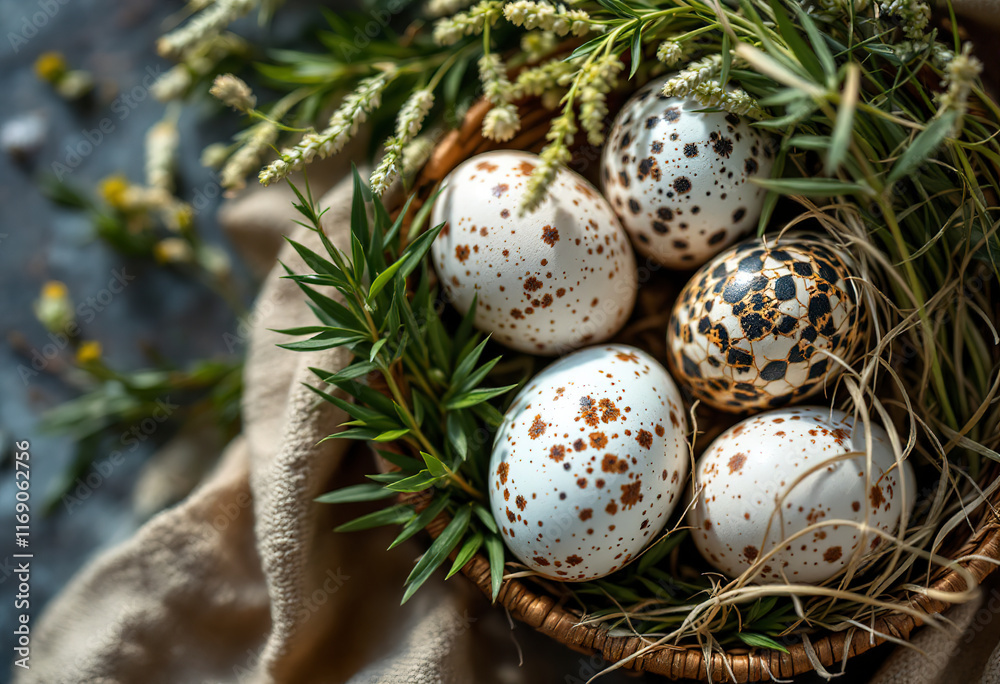 Top view a quail eggs in the basket with herbs Top view a quail eggs in the basket with herbs