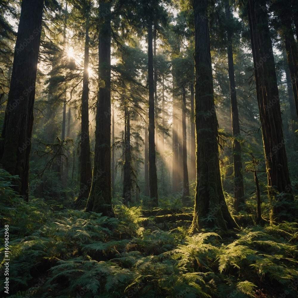 A dense forest with tall, ancient trees and soft sunlight filtering through. A dense forest with tall, ancient trees and soft sunlight filtering through.