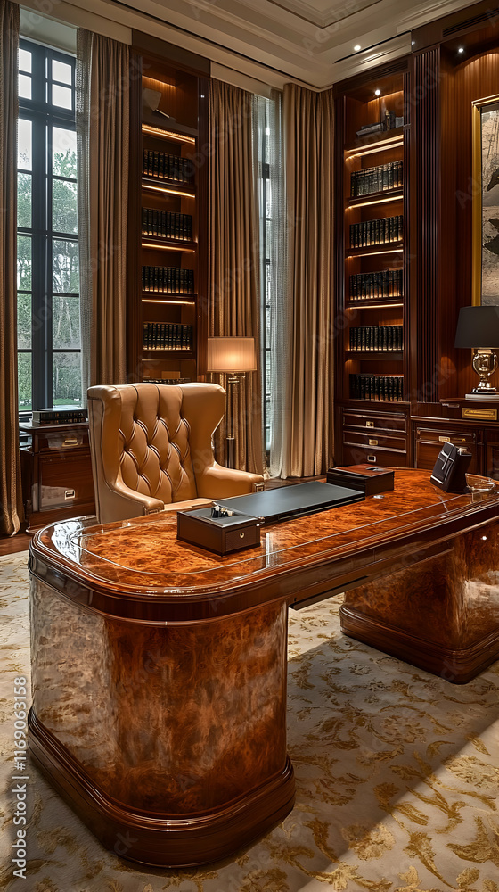 Fototapeta premium Luxurious home office with large wooden desk, leather chair, bookshelves, and natural light.