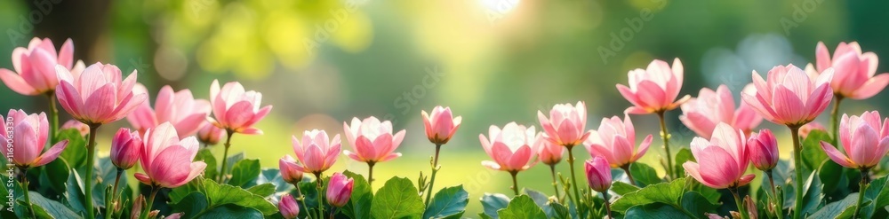 Garden Spring Border with Pastel Pink Flowers, bloom, pastel pink Garden Spring Border with Pastel Pink Flowers, bloom, pastel pink