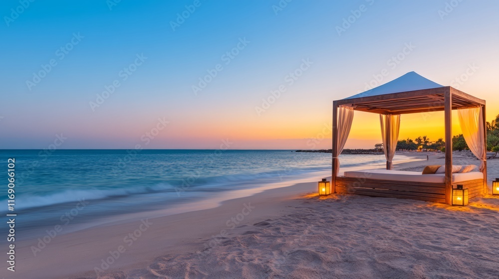 Serene Beachfront Sunset with Relaxing Canopy Bed and Gentle Waves, Creating an Inviting Atmosphere for Peaceful Moments by the Sea Serene Beachfront Sunset with Relaxing Canopy Bed and Gentle Waves, Creating an Inviting Atmosphere for Peaceful Moments by the Sea