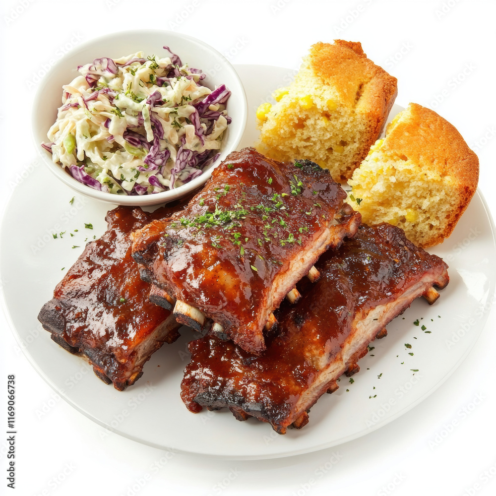 Delicious barbecue ribs served with coleslaw and cornbread, perfect for hearty meal. rich flavors and textures create satisfying dining experience Delicious barbecue ribs served with coleslaw and cornbread, perfect for hearty meal. rich flavors and textures create satisfying dining experience