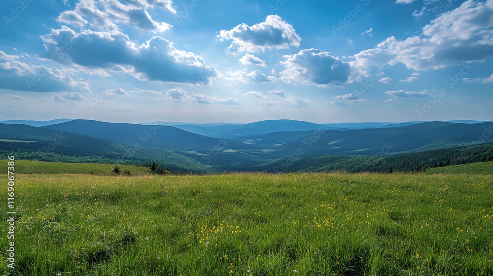 Majestic view of green hills and blue skies in a mountainous landscape Majestic view of green hills and blue skies in a mountainous landscape