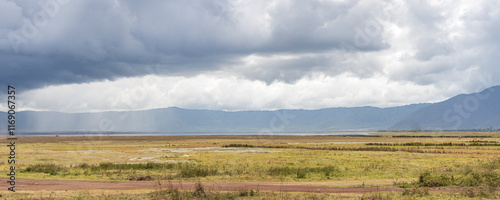 Scenic view of Ngorongoro Conservation Area during rainy season in november in Tanzania, East Africa photo