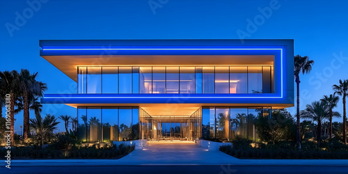 Modern glass building with blue LED lights at night.