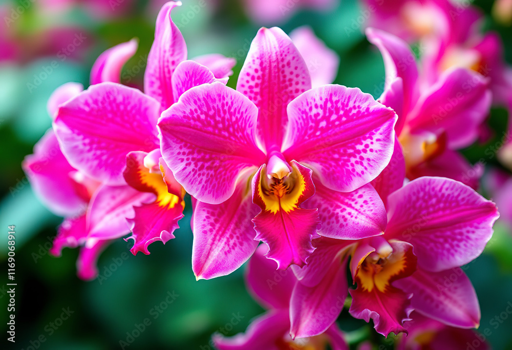 Vibrant pink orchid flowers with spotted petals and yellow centers, against a blurred green background Vibrant pink orchid flowers with spotted petals and yellow centers, against a blurred green background