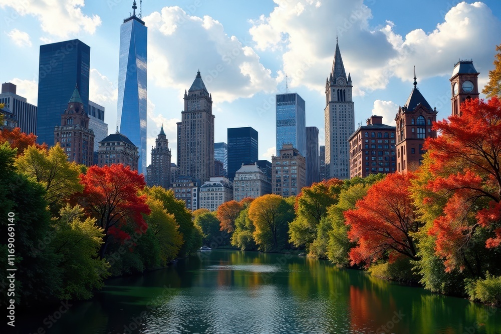 Obraz premium Urban landscape of Gramercy Park with skyscrapers looming in the background, NYC downtown, urban park