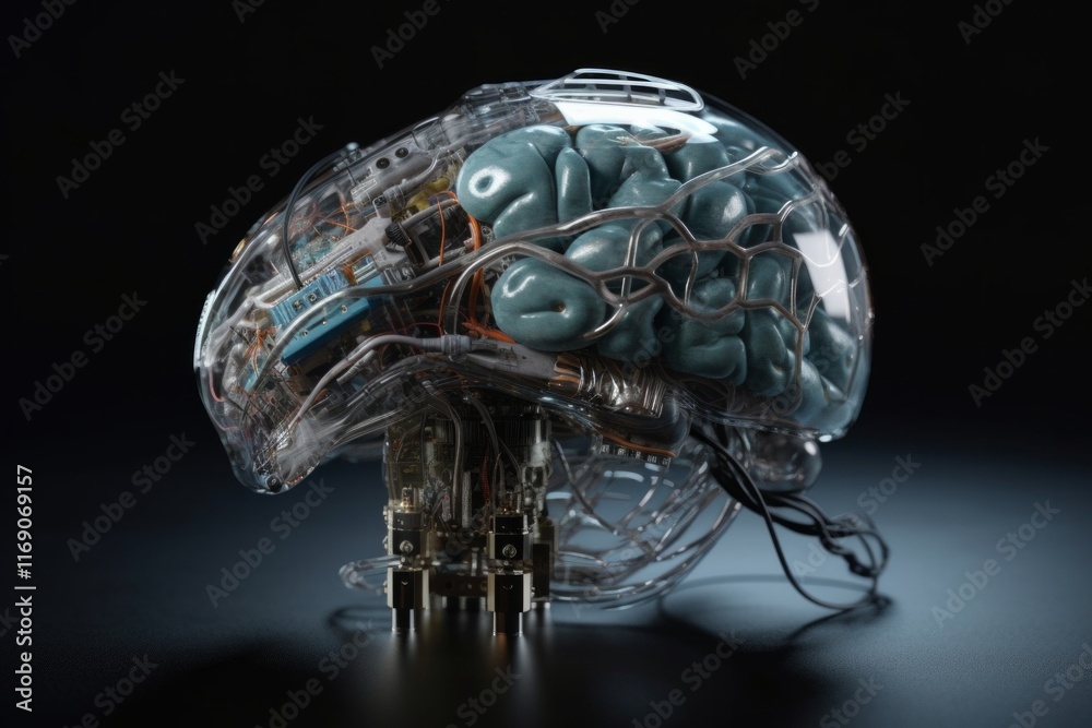 Transparent robotic head with exposed brain and wires on dark background. AI generative. . Transparent robotic head with exposed brain and wires on dark background. AI generative. .