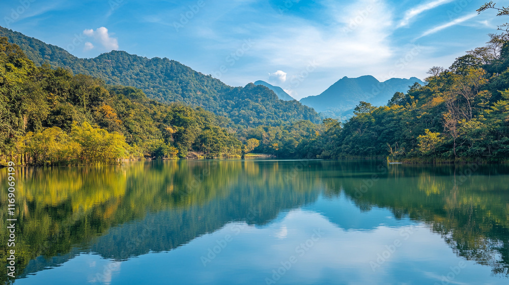 Scenic view of a tranquil lake surrounded by lush green mountains on a clear day Scenic view of a tranquil lake surrounded by lush green mountains on a clear day