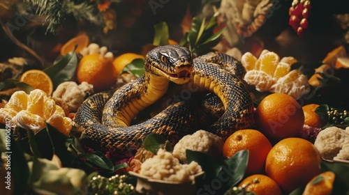 Snake Figurine Surrounded by Festive Decorations