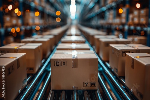 Cardboard boxes moving on a conveyor belt in a warehouse. AI generative. . photo