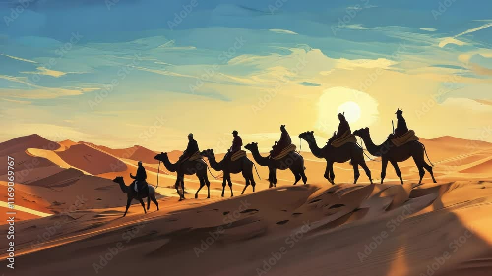 A tranquil desert scene with a caravan of camels silhouetted against a vibrant sunset, evoking adventure and exploration