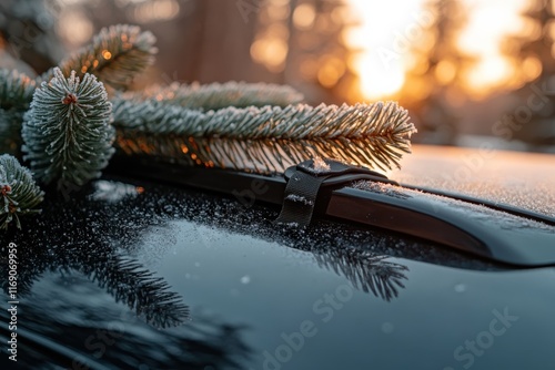 A scenic view of a car roof adorned with pine branches, captured at sunset during winter, creating a magical atmosphere filled with warm light and tranquility. photo