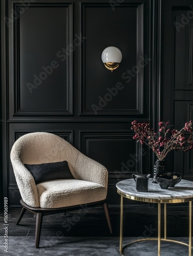 Modern Armchair Decorates Dark Panelled Room