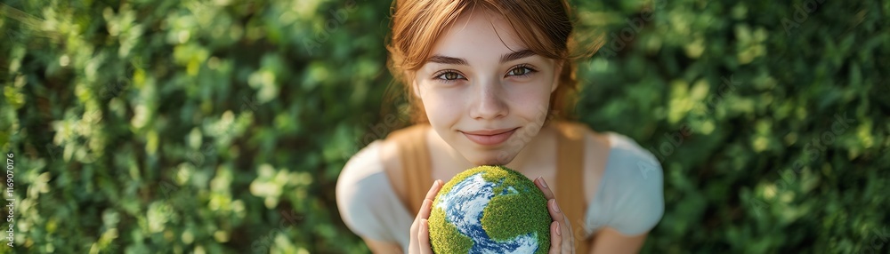 A young woman standing on lush green grass, holding an earth symbol in her hand, representing ecology, renewable energy, and environmental awareness A young woman standing on lush green grass, holding an earth symbol in her hand, representing ecology, renewable energy, and environmental awareness