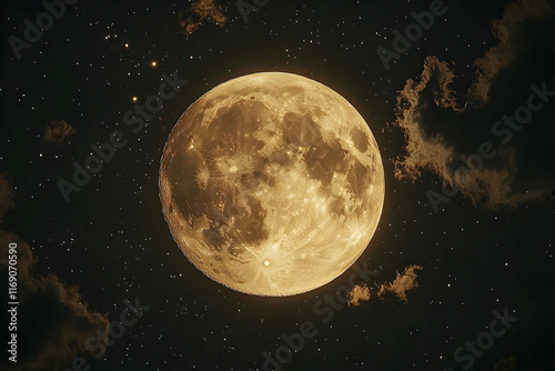 Full moon shining brightly in night sky with stars and clouds. photo