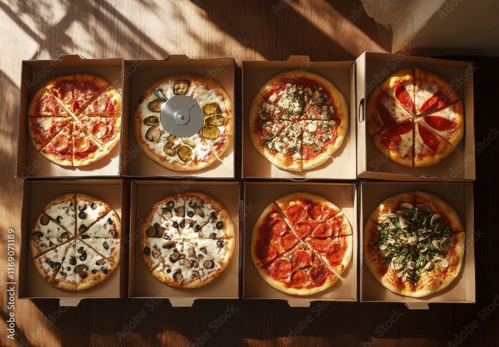 Assorted Gourmet Pizzas in Takeout Boxes Displayed on a Wooden Table with Natural Light Casting Shadows, Perfect for Culinary Delight and Sharing Moments Assorted Gourmet Pizzas in Takeout Boxes Displayed on a Wooden Table with Natural Light Casting Shadows, Perfect for Culinary Delight and Sharing Moments