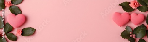 A romantic arrangement of pink hearts and green leaves on a soft pink background, perfect for love-themed occasions.