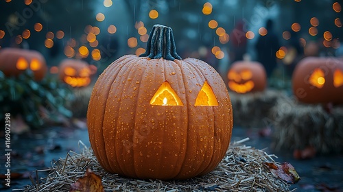 Illuminated carved pumpkin at Halloween event. photo