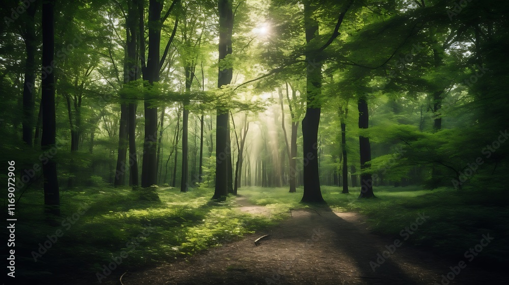 Obraz premium Sunlit Path Through Lush Green Forest Canopy