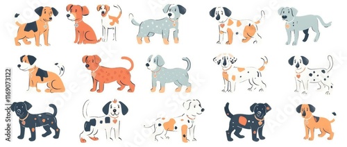 cute dogs, childish style, pastel colors, simple shapes, white background, various poses and expressions, different sizes of dog figures photo