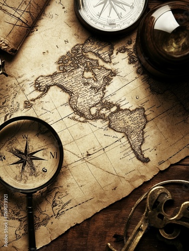 A detailed close-up of a vintage world map laid out on an old wooden table. Surrounding elements include a compass, magnifying glass, and antique keys. Warm sepia tones create a nostalgic atmosphere.