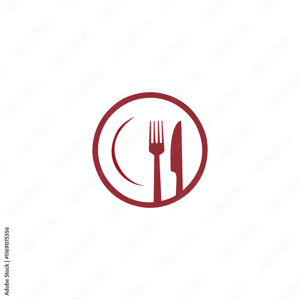 Abstract logo of a cafe or restaurant. A knife and fork on a plate. Red logo of cafe. Abstract logo of a cafe or restaurant. A knife and fork on a plate. Red logo of cafe.