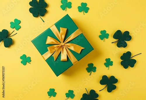 A flat lay of a green gift box with a Saint Patrick's Day theme on a yellow background photo