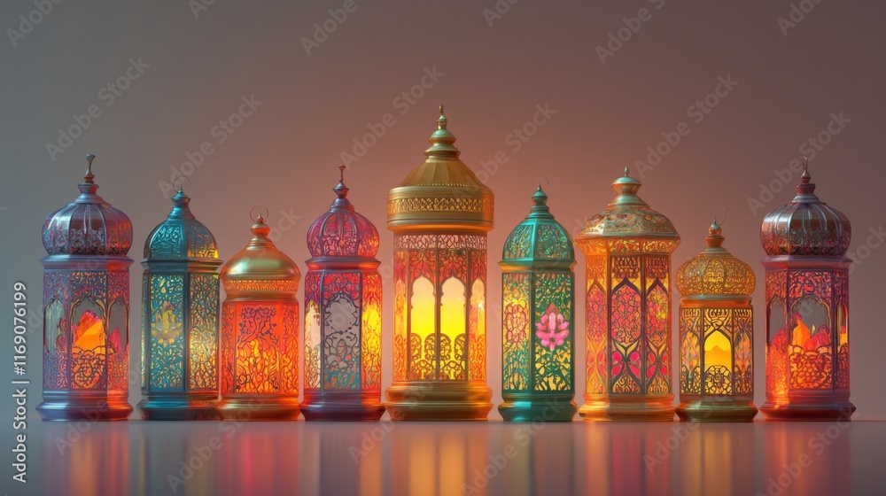 Fototapeta premium A colorful array of decorative lanterns emitting warm light, showcasing intricate designs and vibrant hues, perfect for festive or cozy atmospheres.