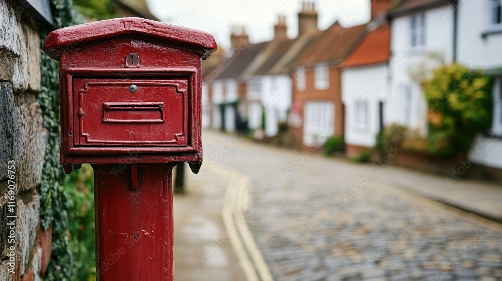 Historic red mailbox stands prominently on a British street, symbolizing timeless communication and cultural heritage. Historic red mailbox stands prominently on a British street, symbolizing timeless communication and cultural heritage.