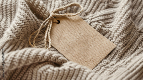 Close up of a blank kraft paper tag with twine string on textured beige knit fabric, ideal for branding, labeling, or pricing concepts photo