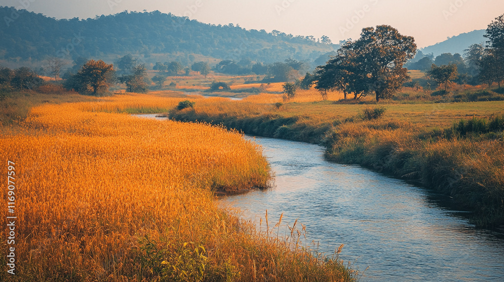 Obraz premium Serene river flows through golden fields at sunset in a tranquil landscape