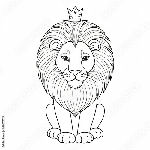 Lion Wearing Crown in Black and White Coloring Page for Kids photo