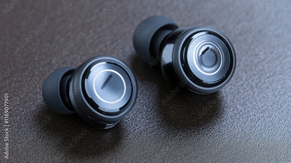 Wireless Bluetooth earbuds photographed in close-up, showing their sleek and modern design Wireless Bluetooth earbuds photographed in close-up, showing their sleek and modern design