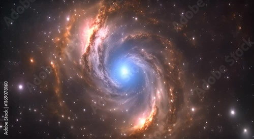 Galactic Journey a close-up of a star field, then slowly zoom out to reveal a spiral galaxy rotating majestically in the cosmos